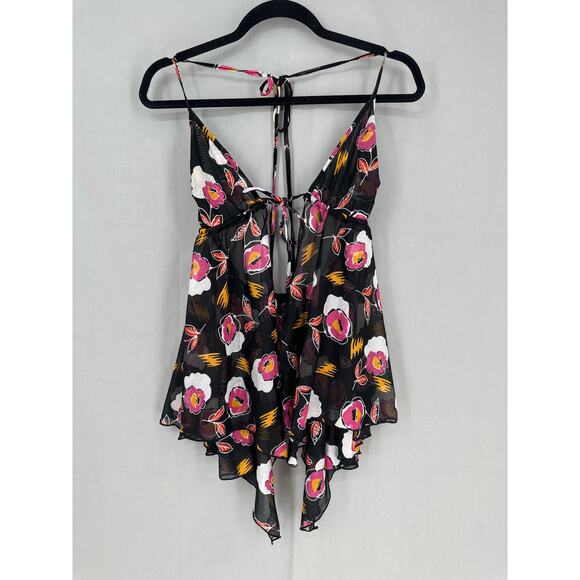 Her Pony Label Top Women XS Black Floral Pixie Halter Mesh Festival Tie Front - Picture 7 of 8